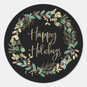 ハッピーホリデー |ブラックとモダン金ゴールドフェイクリース ラウンドシール (正面)