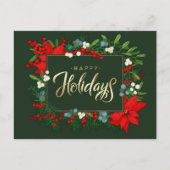 ハッピーホリデー。ホリー、ミストレ、ポインセチア シーズンポストカード (正面)