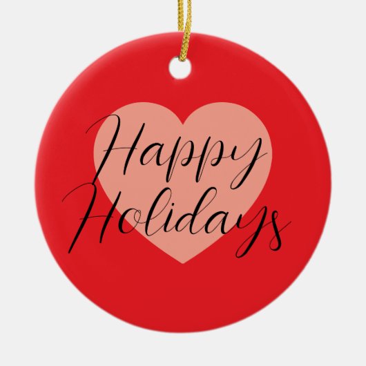 ハッピーホリデー メリークリスマス ホリデーシーズン ハート セラミックオーナメント (正面)