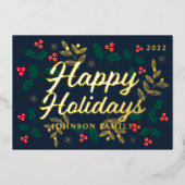 ハッピーホリデー モダンなホリーの実と葉 箔シーズンカード (正面)