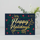 ハッピーホリデー モダンなホリーの実と葉 箔シーズンカード (立ち正面)