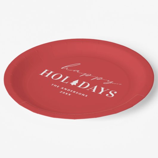 ハッピーホリデー | レッドクリスマスと新年のパーティー ペーパープレート (アングル)