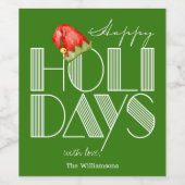 ハッピーホリデー レトロ タイポグラフィー 緑 ワインラベル (シングルラベル)