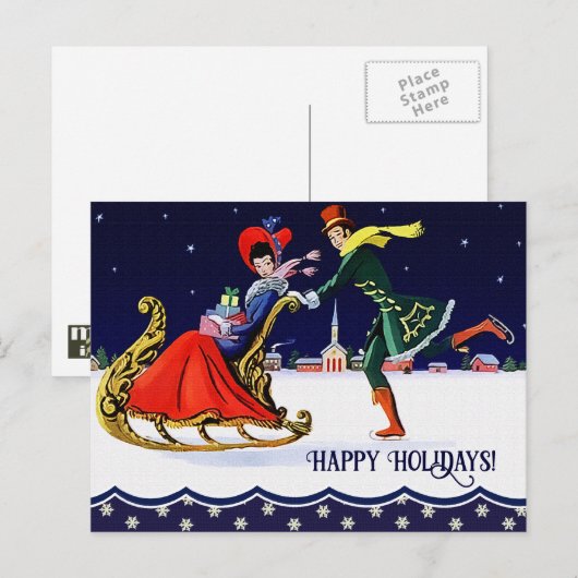 ハッピーホリデー。ヴィンテージクリスマスシーン シーズンポストカード (正面/裏面)