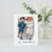 ハッピーホリデー。ヴィンテージスケートで滑るキッズクリスマス シーズンポストカード (スタンド正面)