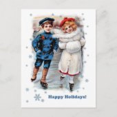 ハッピーホリデー。ヴィンテージスケートで滑るキッズクリスマス シーズンポストカード (正面)