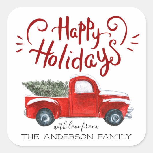 ハッピーホリデー |ヴィンテージレッドトラッククリスマス スクエアシール (正面)