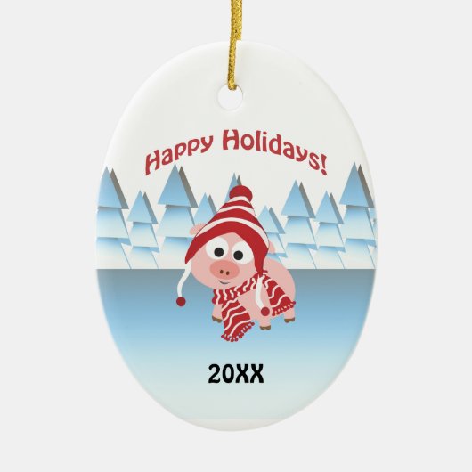ハッピーホリデー！冬の豚 セラミックオーナメント (正面)