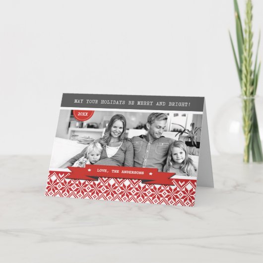 ハッピーホリデー。北欧パターンのクリスマスフォト シーズンカード (正面)