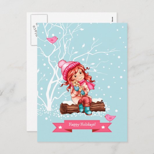 ハッピーホリデー。小さな女の子と子猫クリスマス シーズンポストカード (正面/裏面)
