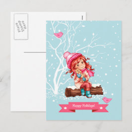 ハッピーホリデー。小さな女の子と子猫クリスマス シーズンポストカード
