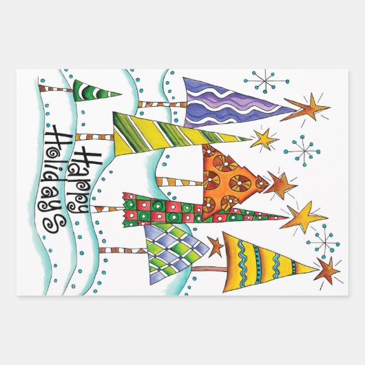 ハッピーホリデー!星付きのかわいいクリスマスツリー ラッピングペーパーシート (正面2)