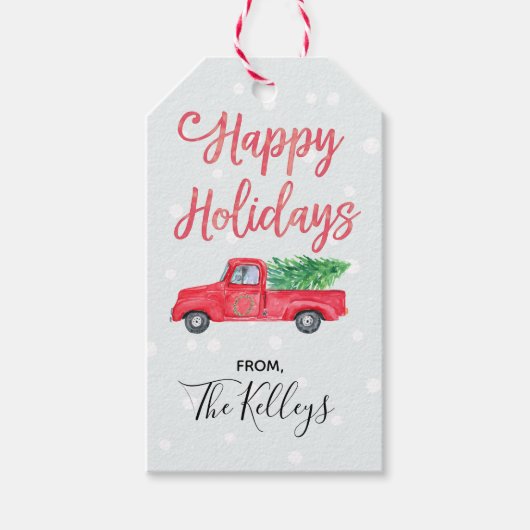 ハッピーホリデー |水彩レトロレッドトラック ギフトタグ (正面)