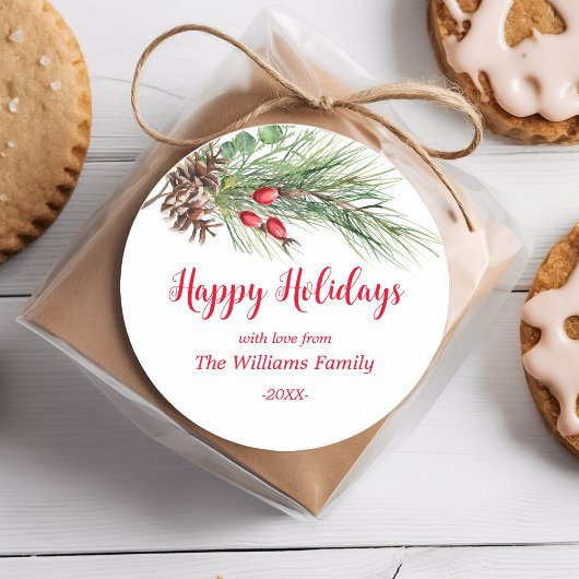 「ハッピーホリデー！」 水彩松のクリスマス ラウンドシール