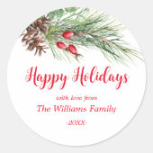 「ハッピーホリデー！」 水彩松のクリスマス ラウンドシール (正面)
