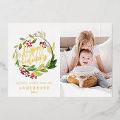 ハッピーホリデー 水彩花写真 箔シーズンカード (正面)