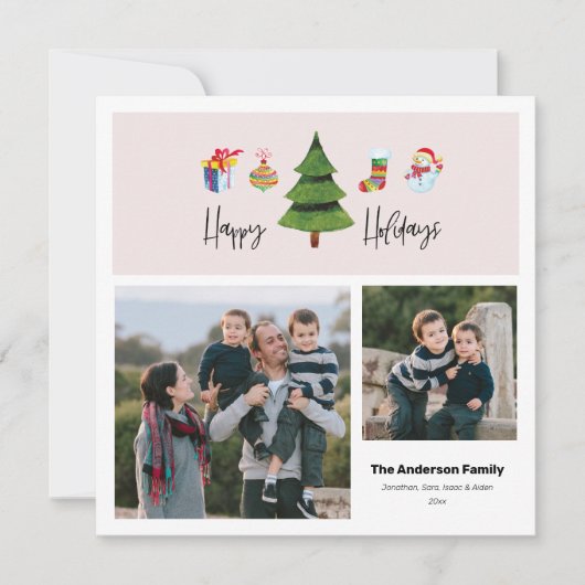 ハッピーホリデー 水彩 ツリー | 2 枚の写真 シーズンカード (正面)