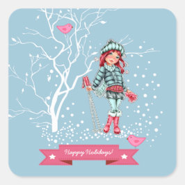 ハッピーホリデー。若い女の子のスキークリスマス スクエアシール