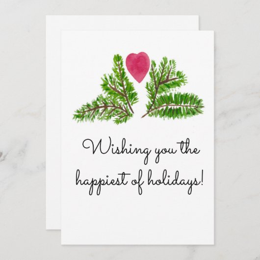 ハッピーホリデー。赤いハートの松の枝 シーズンカード (正面/裏面)