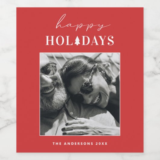 ハッピーホリデー | 赤いモダンクリスマスの冬の写真 ワインラベル (シングルラベル)