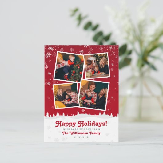 ハッピーホリデー！赤と白の雪モダンのクリスマス シーズンポストカード (スタンド正面)