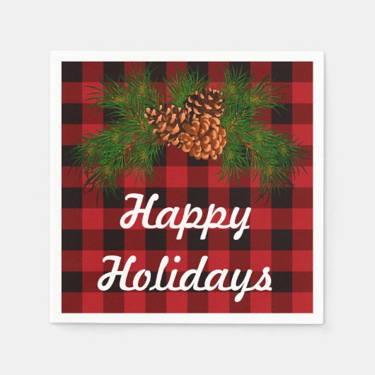 ハッピーホリデー、赤タータンチェック、パイン – コーン詳細 スタンダードカクテルナプキン (正面)