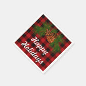 ハッピーホリデー、赤タータンチェック、パイン – コーン詳細 スタンダードカクテルナプキン (角)