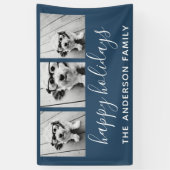 ハッピーホリデー 3枚の写真 - ネイビーに色を変更可能 横断幕 (縦)