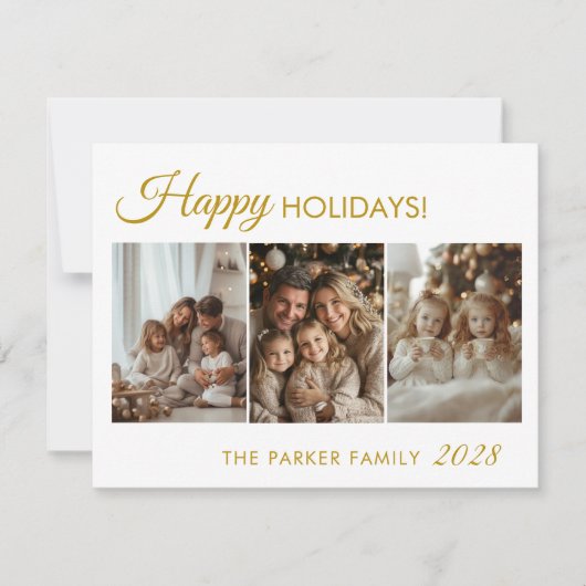 ハッピーホリデー！3枚の写真(白ミニマル) シーズンカード (正面)