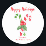ハッピーホリデー | Water color Candy Cape Christmas ラウンドシール<br><div class="desc">NewParkLane -パーソナライズされた Christmas Stickers，明るい赤の引用文「Happy Holidaysl」と2つの素敵な水色のキャンディ付き。このコレクションで一致するアイテムを確認する。具体的な個人的なデザインの願い？感じお連絡楽に！</div>