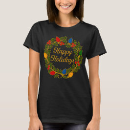 ハッピーホリデー wreath クリスマス ライトとホーリー tシャツ