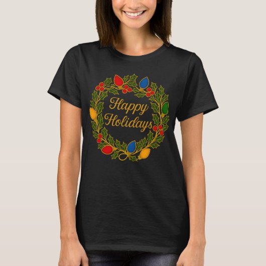ハッピーホリデー wreath クリスマス ライトとホーリー tシャツ (正面)