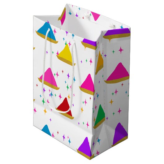 ハッピーホリモダンヒンドゥー教フェスティバルカラーズパターン ミディアムペーパーバッグ (正面アングル)