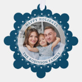 ハッピーホリモダンーズエレガントファミリーフォトブルー オーナメントカード (正面)