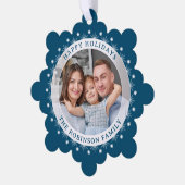 ハッピーホリモダンーズエレガントファミリーフォトブルー オーナメントカード (左)