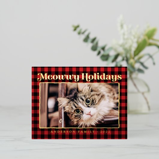 ハッピーホリモダンーズPlaid Petおもしろい Cat写真 箔シーズンポストカード (立ち正面)