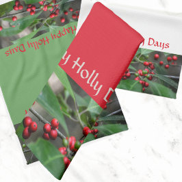 ハッピーホリー日レッドベリーフォトグラフィックホリデー キッチンタオル