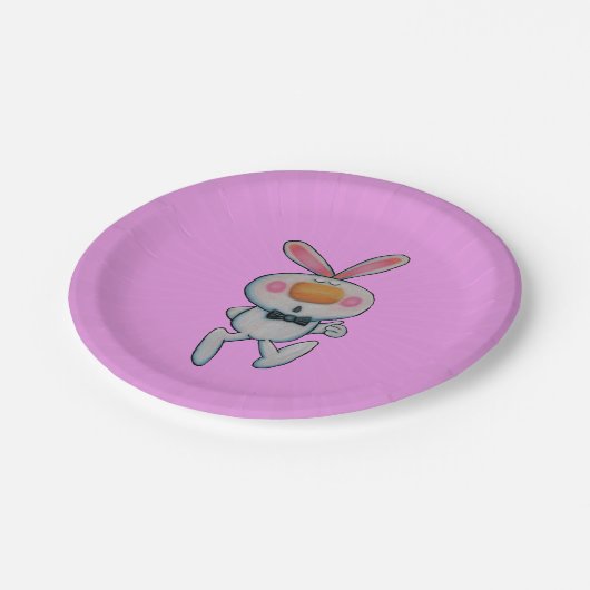 ハッピーホワイトバニー親指アップサインボウタイピンク ペーパープレート (アングル)