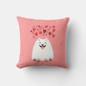 ハッピーホワイトポメラニア犬ドッグとピンクハート クッション (正面)