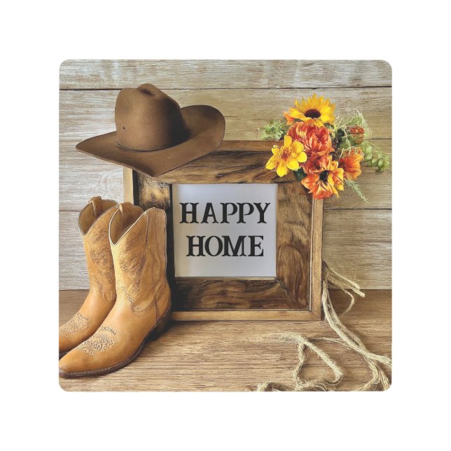 ハッピーホーム女性のカーボーイカウボーイスタイルウィズカウボーイブーツ メタルプリント (正面)