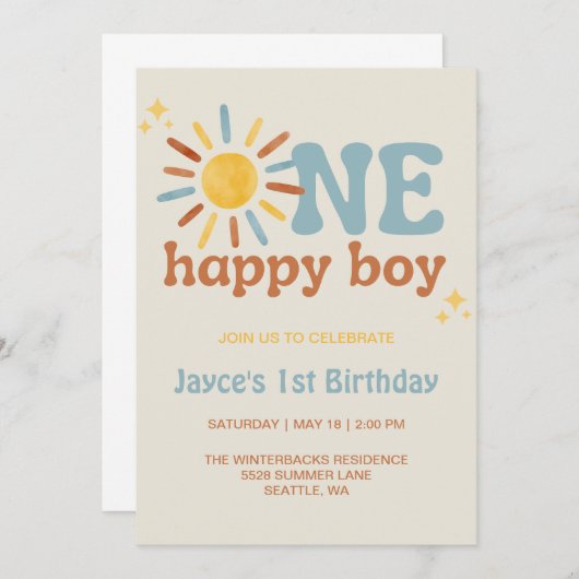 ハッピーボーイの1歳お誕生日おめでとう、太陽を一周 招待状 (正面/裏面)