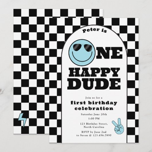 ハッピーボーイ 誕生日 1歳のバースデーパーティー 招待状 (正面/裏面)