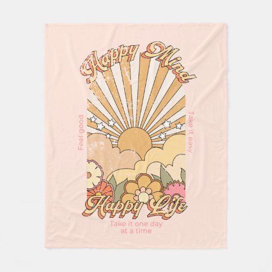 ハッピーマインドハッピーライフヒッピーGroovyビーブ フリースブランケット (正面)