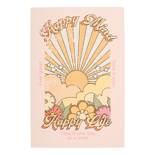 ハッピーマインドハッピーライフヒッピーGroovyビーブ メタルプリント (正面)