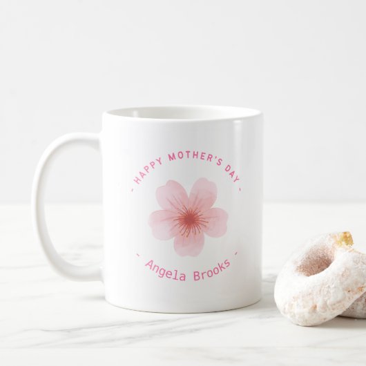 ハッピーマザーの日ピンクの花白 コーヒーマグカップ (ドーナツ)