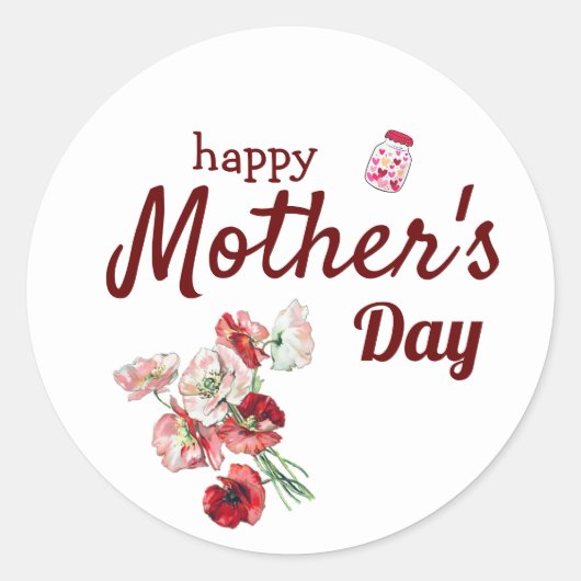 ハッピーマザーの日、赤い花のタイポグラフィ ラウンドシール (正面)