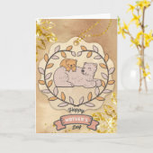 ハッピーマザーズデイかわいいおもしろいクマとカップ カード (黄色い花)