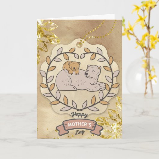 ハッピーマザーズデイかわいいおもしろいクマとカップ カード (黄色い花)