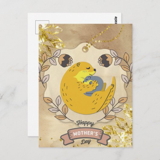 ハッピーマザーズデイかわいいカワウソとベビーフローラ ポストカード (正面/裏面)