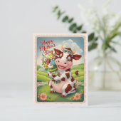 ハッピーマザーズデイかわいい牛（花つき）ヴィンテージ ポストカード (スタンド正面)